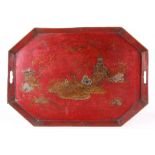A Georgian chinoiserie toleware tray, decorated with temple and figures.