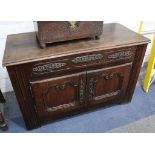 A French Provincial chestnut dresser base, circa 1740. The thick moulded top above a long drawer