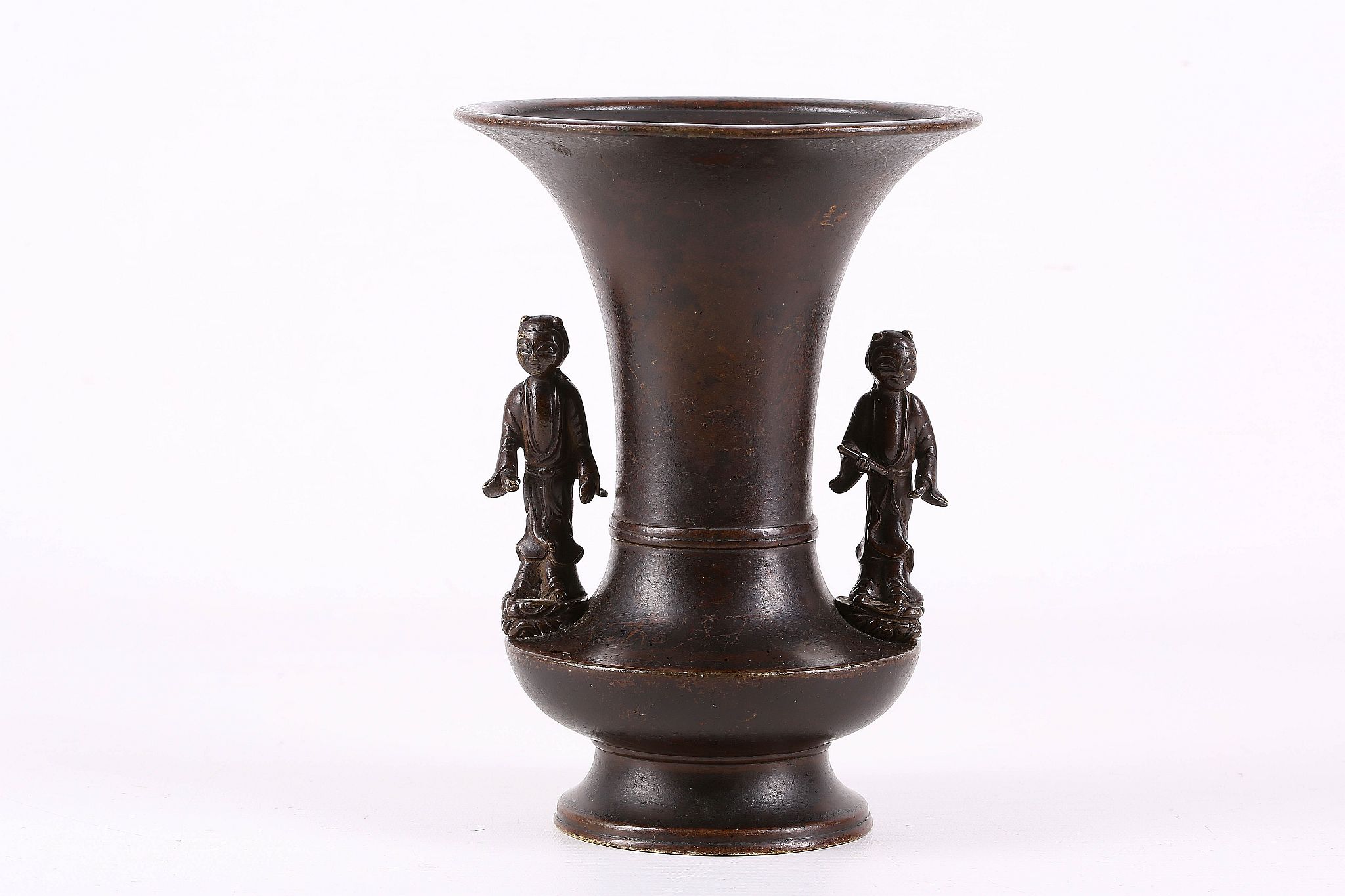 A 19th Century Meiji bronze flower vase, having figures as handles to either sides, 16.5cm high.