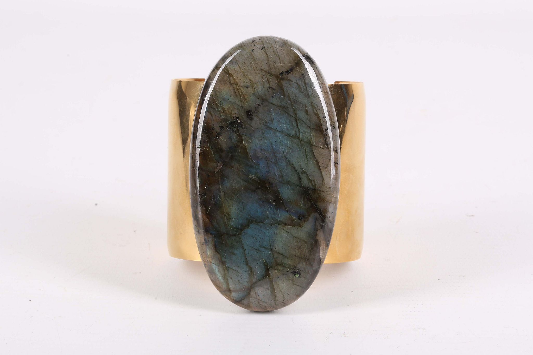 A gilt stainless steel and labradorite cuff bangle, inner diameter 6.5cm