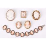 A collection of shell cameo jewellery, Including two brooches, three brooch/pendants and a bracelet,