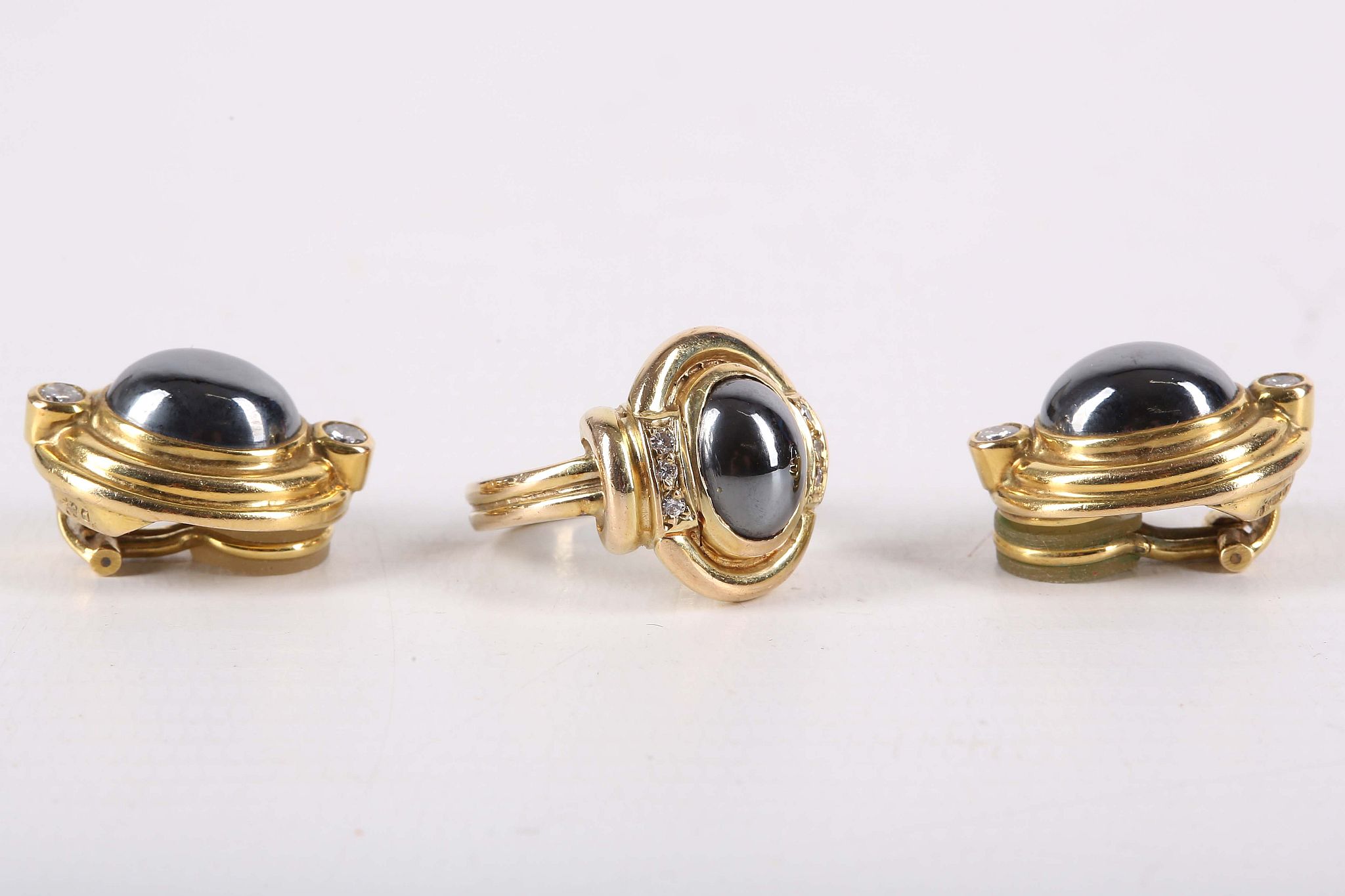 A pair of gold and haematite earrings with clasp-backs, together with a matching ring, marked 'D & - Image 2 of 2