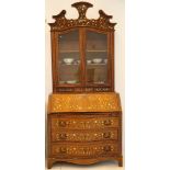 A continental rosewood and mother of pearl bureau bookcase, inlaid with scrolling leaves and flowers