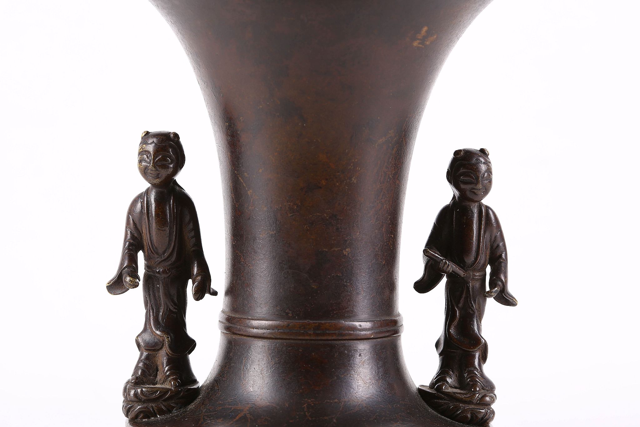 A 19th Century Meiji bronze flower vase, having figures as handles to either sides, 16.5cm high. - Image 2 of 4