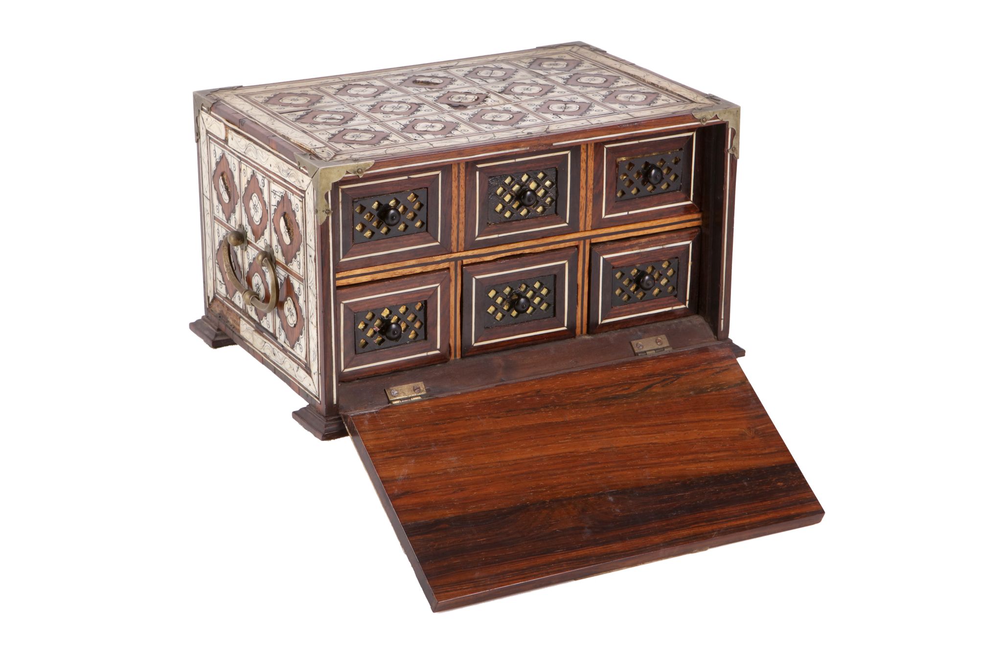 A LATE 17TH / EARLY 18TH CENTURY INDO-PORTUGUESE ROSEWOOD AND IVORY MOUNTED TABLE CABINET of