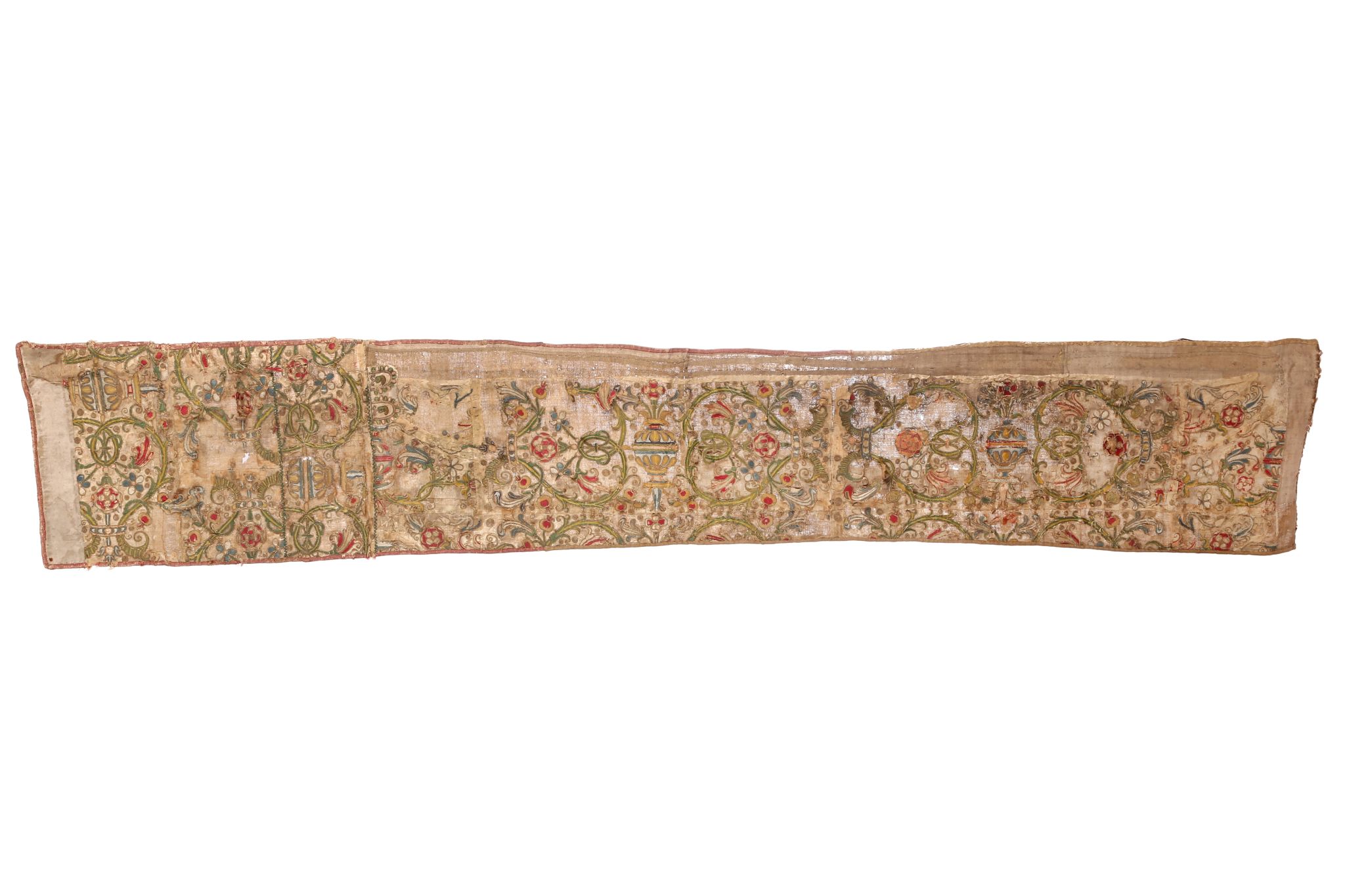 A RARE 16TH CENTURY ENGLISH EMBROIDERED PANEL WORKED IN COLOURED SILKS AND GOLD THREAD DECORATED