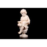 A LATE 19TH CENTURY ITALIAN CARVED ALABASTER FIGURE OF A BOY seated on a naturalistically carved,