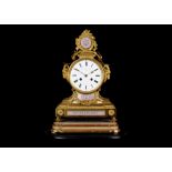 A THIRD QUARTER 19TH CENTURY FRENCH GILT BRONZE AND PORCELAIN MOUNTED MANTEL CLOCK RETAILED BY