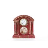 A MID 19TH CENTURY PORCELAIN MANTEL CLOCK  the architectural, arched case modelled with four Doric