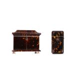 A REGENCY TORTOISESHELL, IVORY AND WHITE METAL STRUNG TEA CADDY TOGETHER WITH A 19TH CENTURY CARD