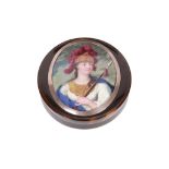 AN 18TH CENTURY SWISS TORTOISESHELL, ENAMEL AND SILVER MOUNTED SNUFF BOX DEPICTING A PORTRAIT OF