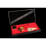 A RARE MID 20TH CENTURY JAEGER LE COULTRE THREE PIECE DESK CLOCK SET IN PRESENTATION CASE comprising