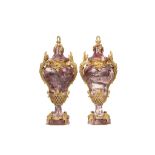A PAIR OF LATE 19TH CENTURY LOUIS XV STYLE FLEUR DE PECHE MARBLE AND GILT BRONZE MOUNTED URNS of
