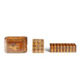 A REGENCY ROSEWOOD AND PARQUETRY TEA CADDY TOGETHER WITH ANOTHER PARQUETRY TEA CADDY AND ROSEWOOD