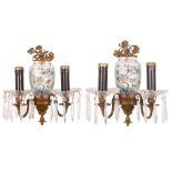 A PAIR OF 19TH CENTURY CHINESE FAMILLE VERT PORCELAIN, CUT GLASS AND GILT BRONZE MOUNTED WALL LIGHTS