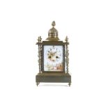 A LATE 19TH CENTURY FRENCH BRONZE AND PORCELAIN MOUNTED MANTEL CLOCK  of architectural form,