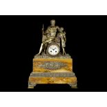 A MID 19TH CENTURY SIENNA MARBLE AND GILT BRONZE FIGURAL MANTEL CLOCK the stepped plinth base