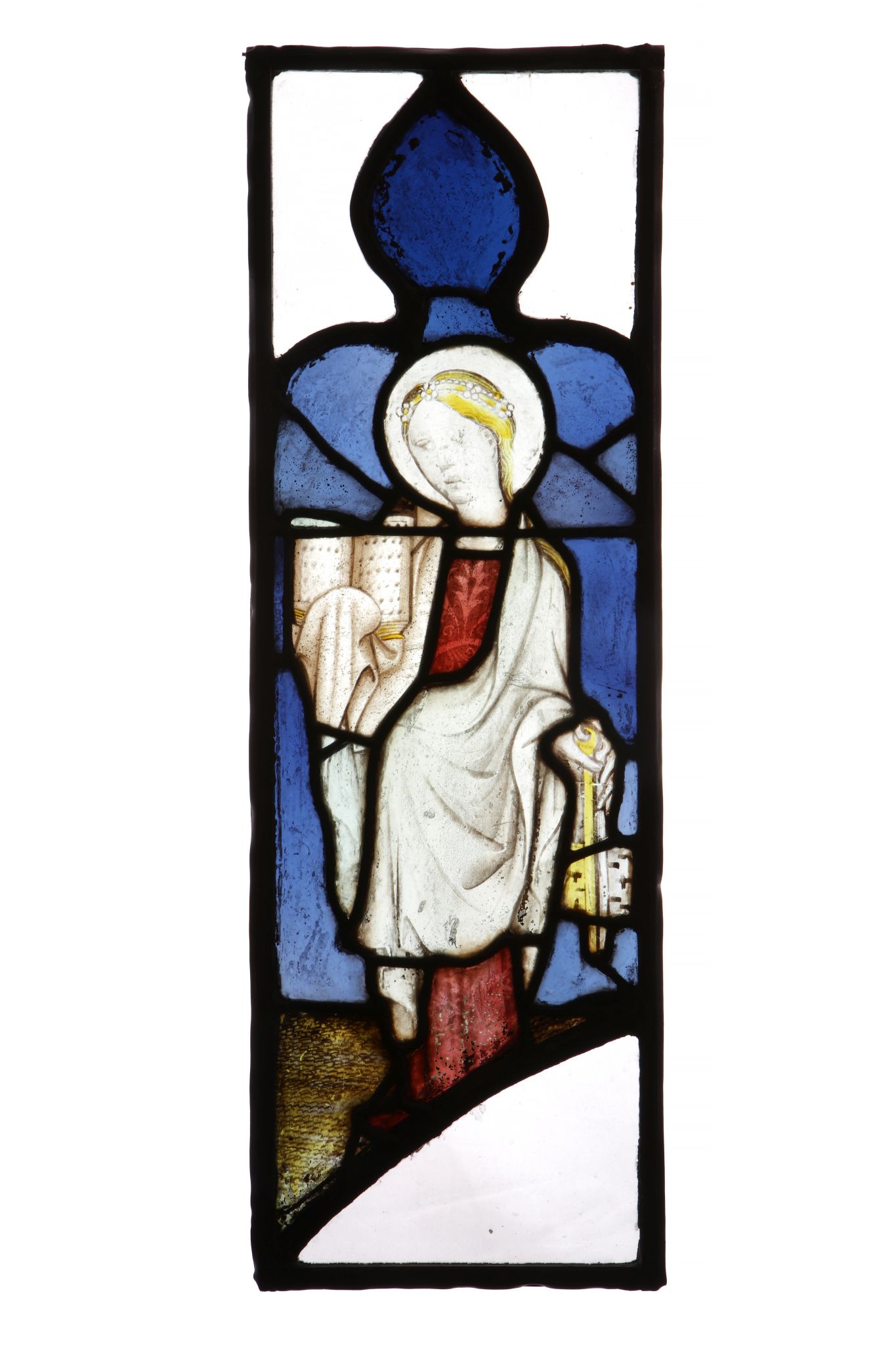 A 15TH CENTURY ENGLISH STAINED GLASS PANEL DEPICTING A FEMALE SAINT wearing a headdress of daisies