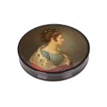 AN EARLY 19TH CENTURY BRUNSWICK LACQUERED AND PAINTED SNUFF BOX IN THE MANNER OF STOBWASSER