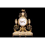 AN 18TH CENTURY LOUIS XVI PERIOD GILT BRONZE AND WHITE MARBLE MANTEL CLOCK the white marble drum