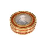 A LATE 18TH CENTURY SWISS VERNIS MARTIN, TORTOISESHELL AND GOLD MOUNTED SNUFF BOX PAINTED WITH A