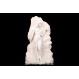 A 20TH CENTURY CARVED WHITE MARBLE FIGURE OF A NUDE the standing figure depicting in front of  large
