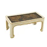 A PAINTED AND PARCEL GILT COFFEE TABLE SET WITH A CHINESE PANEL IN THE MANNER OF MALLETT the