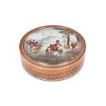 A LATE 18TH CENTURY SWISS BLONDE TORTOISESHELL, GOLD PIQUE WORK AND ENAMEL SNUFF BOX DEPICTING A