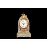 A LATE 19TH CENTURY FRENCH MARBLE AND GILT BRONZE MOUNTED BOUDOIR CLOCK the arched case surmounted