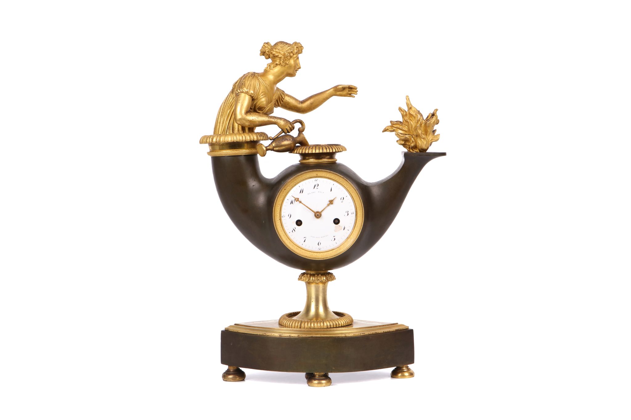 A FINE EARLY 19TH CENTURY FRENCH EMPIRE PERIOD GILT AND PATINATED BRONZE MANTEL CLOCK BY BLANC FILS,