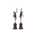AFTER GIAMBOLOGNA (1529-1608, ITALIAN): A PAIR OF 19TH CENTURY BRONZE FIGURES OF MERCURY AND FORTUNA