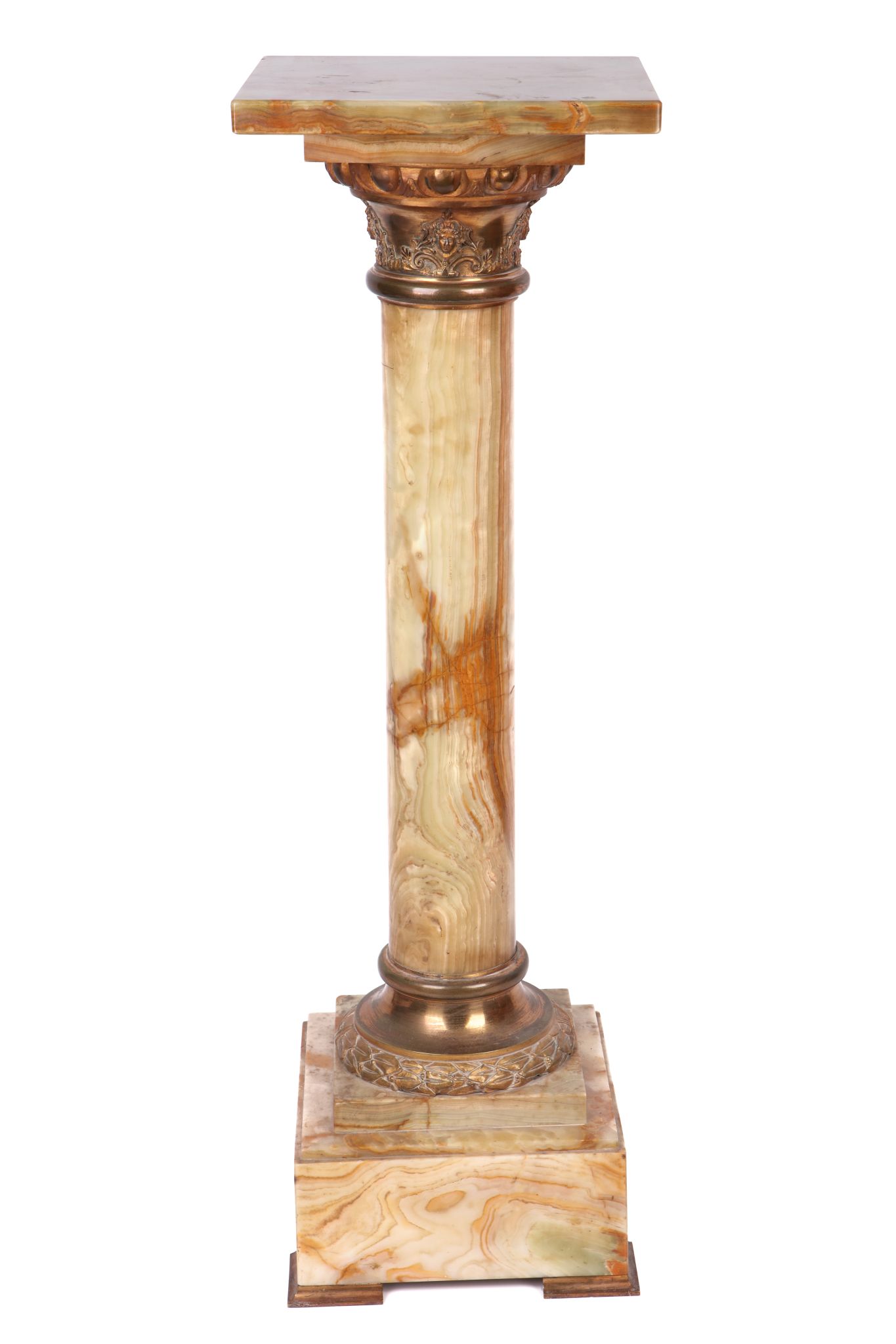 A LATE 19TH CENTURY FRENCH ONYX AND GILT BRONZE MOUNTED PEDESTAL COLUMN the square shelf top over