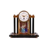 A LATE 19TH CENTURY FRENCH BLACK MARBLE, ENAMELLED AND GILT BRASS MANTEL CLOCK the drum case