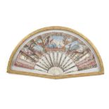 AN 18TH CENTURY ITALIAN IVORY, PARCEL SILVER AND GILT DECORATED AND POLYCHROME PAINTED FAN the