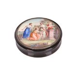 AN 18TH CENTURY SWISS TORTOISESHELL, ENAMEL AND SILVER MOUNTED SNUFF BOX DEPICTING THREE MAIDENS AND