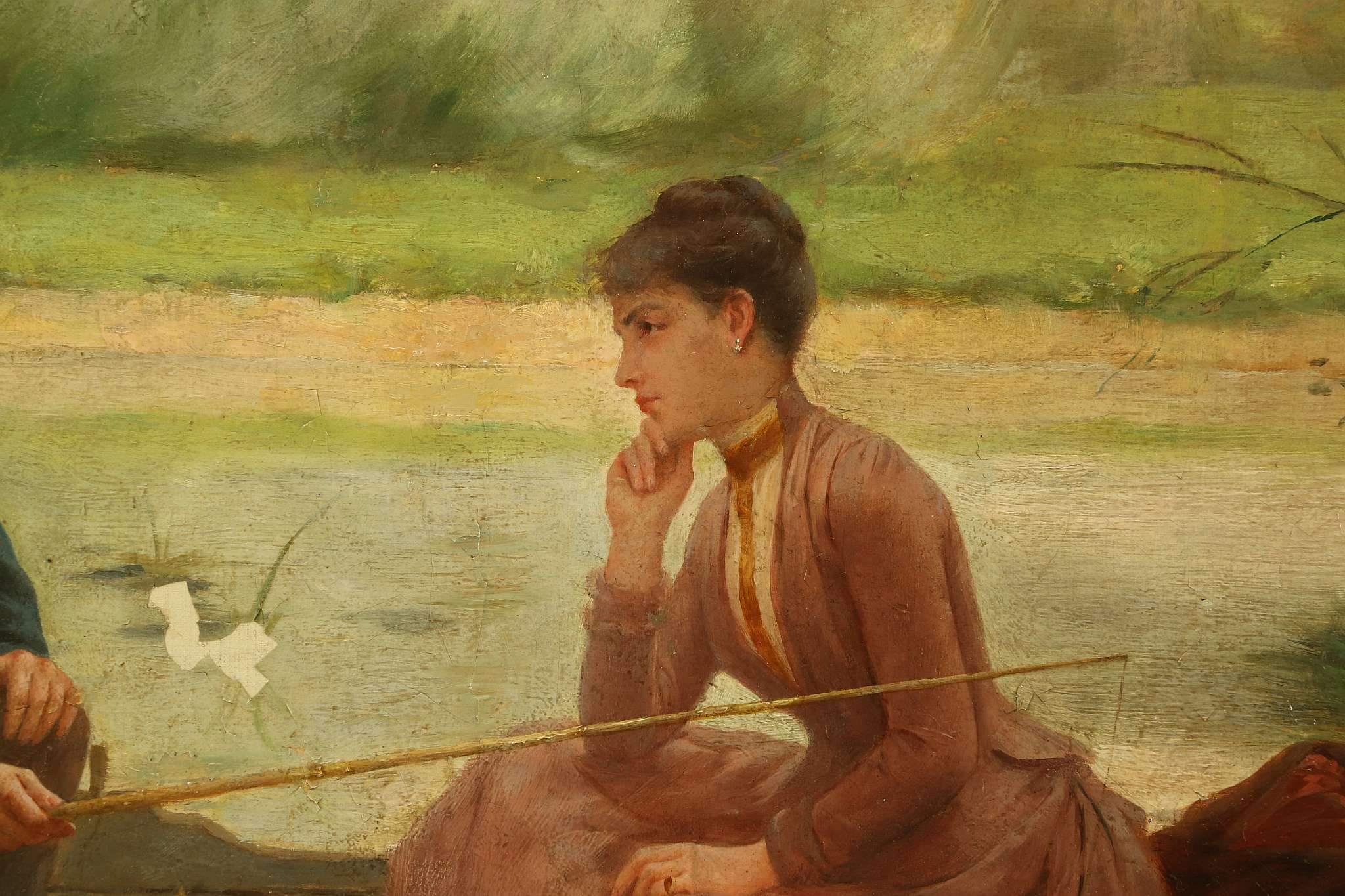 ALBERT JULES EDOUARD 1845-1919. 'A River Serjourn'. Oil on canvas. In a shaded backwater a pensive - Image 4 of 11