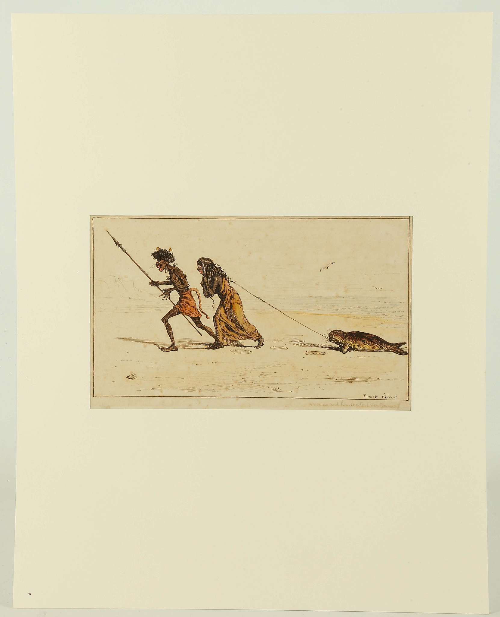 ERNEST HENRY GRISET 1844-1907 FRANCE. 'Figures on a beach dragging a Seal'. Pen and ink with wash - Image 4 of 7