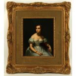 CIRCA 1840/50. A fine oil on zinc portrait of a refined lady in blue satin dress. In a velvet