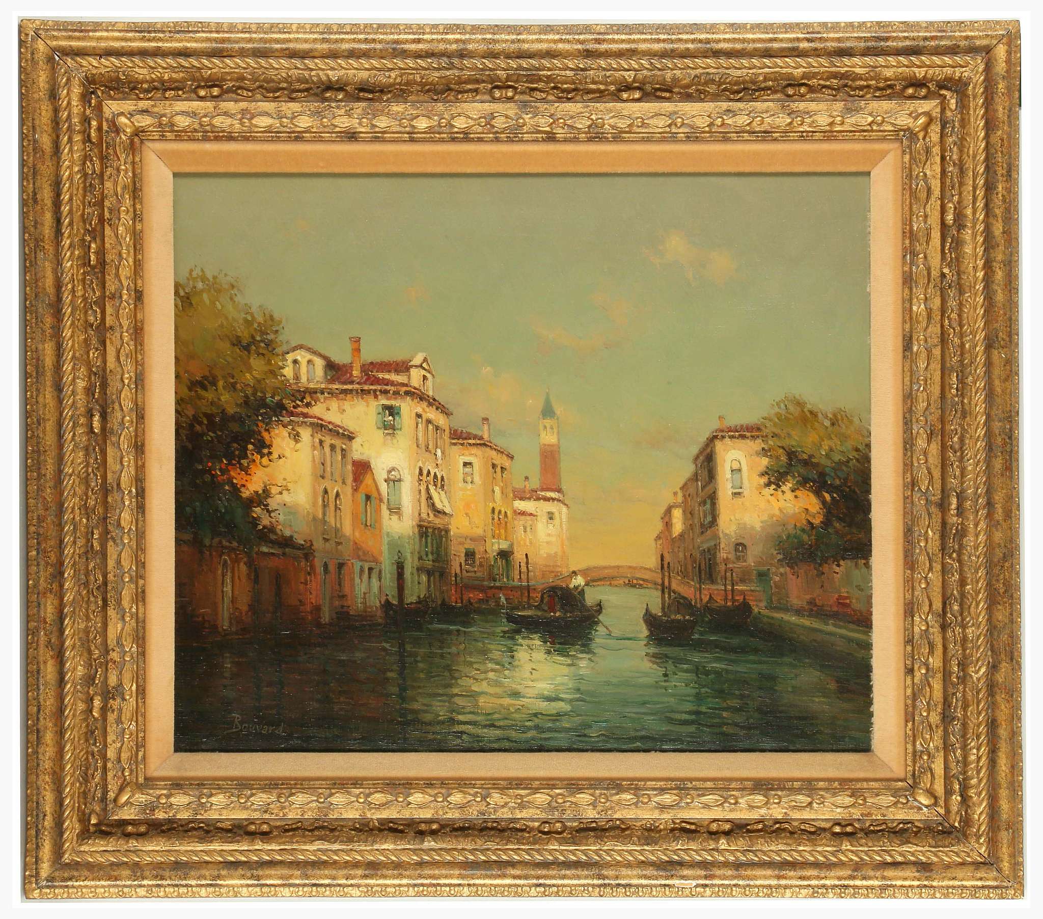 ANTOINE BOUVARD 1870-1956. 'Gondolier in a Venetian Backwater'. Oil on canvas canal view. Signed