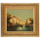 ANTOINE BOUVARD 1870-1956. 'Gondolier in a Venetian Backwater'. Oil on canvas canal view. Signed