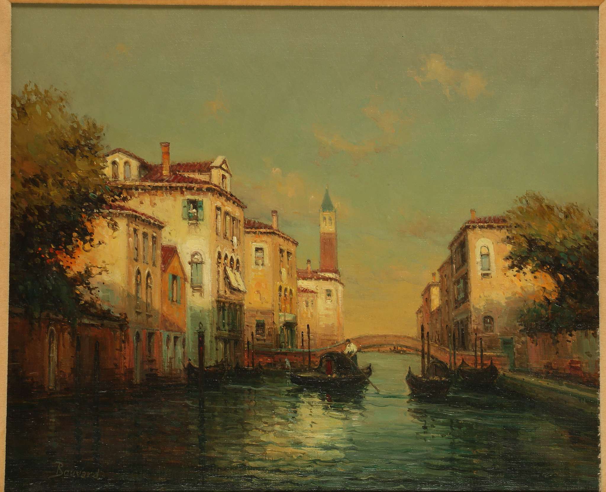 ANTOINE BOUVARD 1870-1956. 'Gondolier in a Venetian Backwater'. Oil on canvas canal view. Signed - Image 2 of 8
