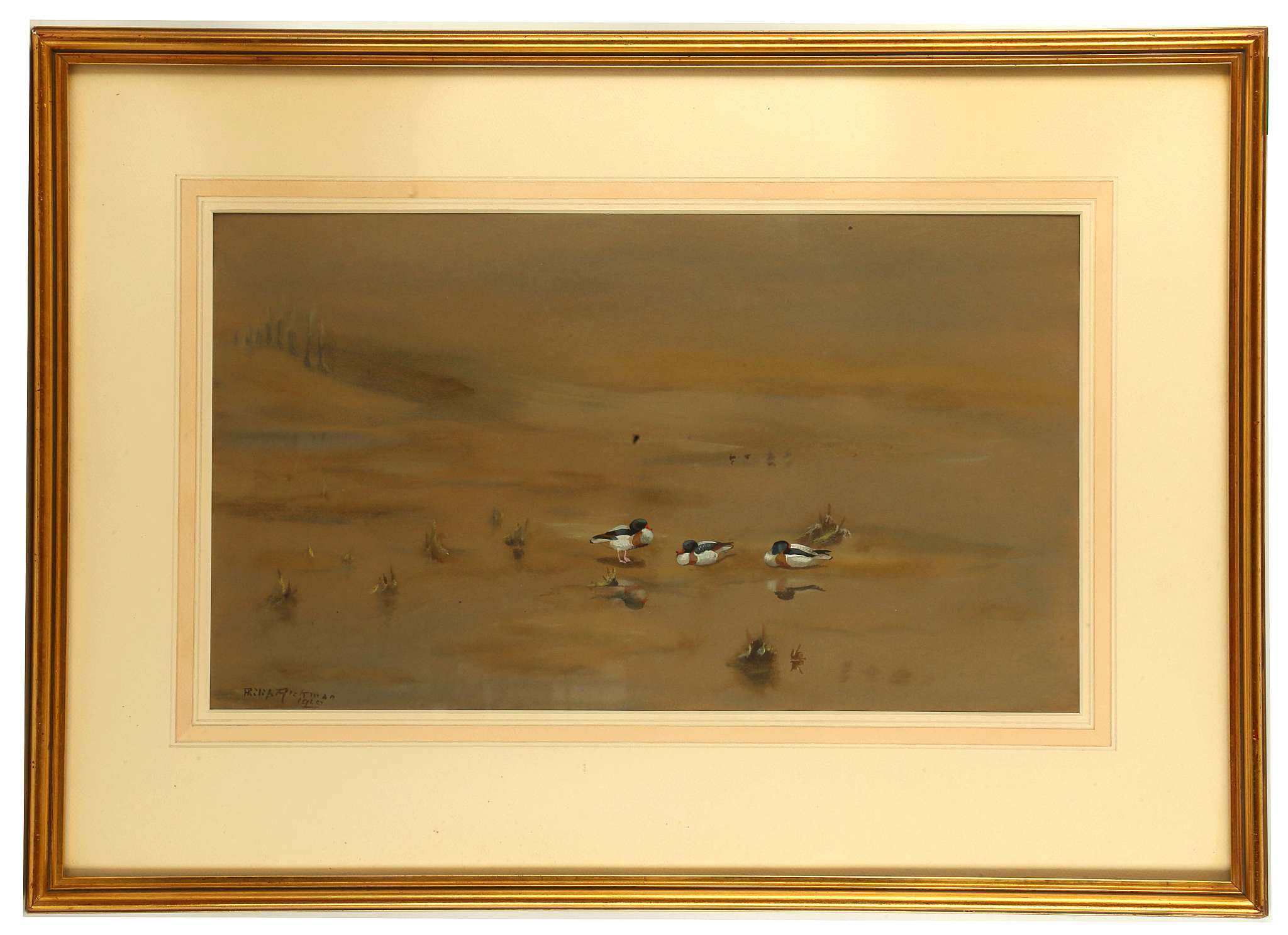 PHILIP CHARLES RICKKMAN 1891-1982. 'Settling Ducks on a Mudflat'. Watercolor and body colour. Signed