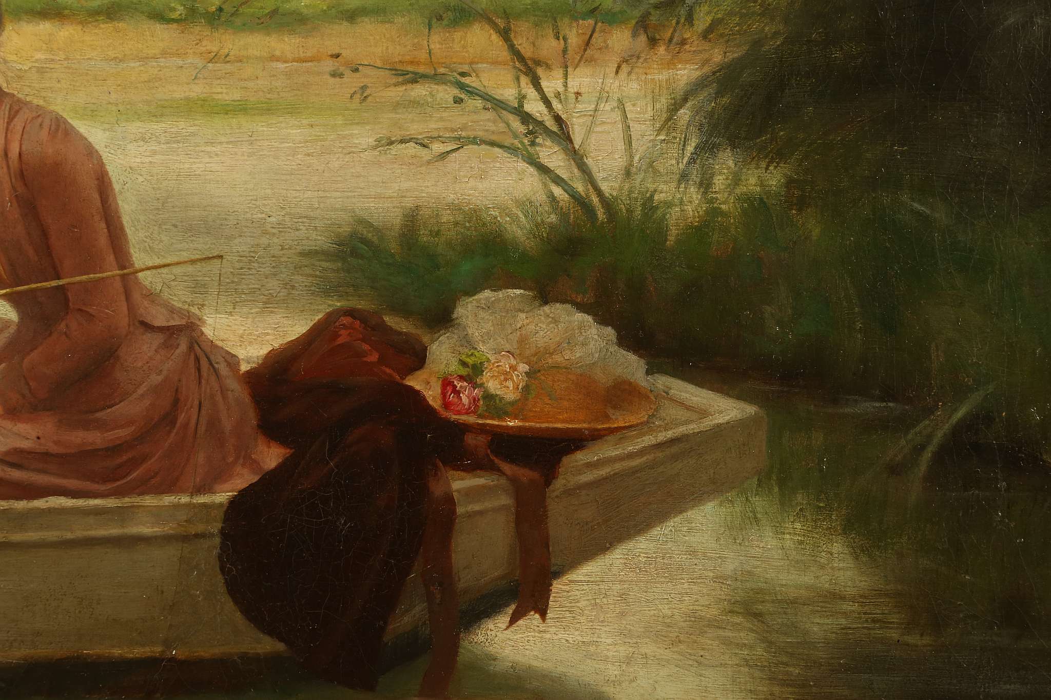 ALBERT JULES EDOUARD 1845-1919. 'A River Serjourn'. Oil on canvas. In a shaded backwater a pensive - Image 7 of 11