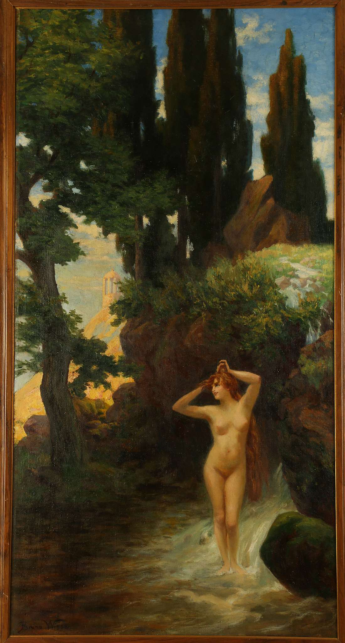 BRUNO WIESE 1865-1930 GERMAN. 'Nude in a Classical Landscape'. Oil on canvas. Signed lower left. - Image 2 of 12