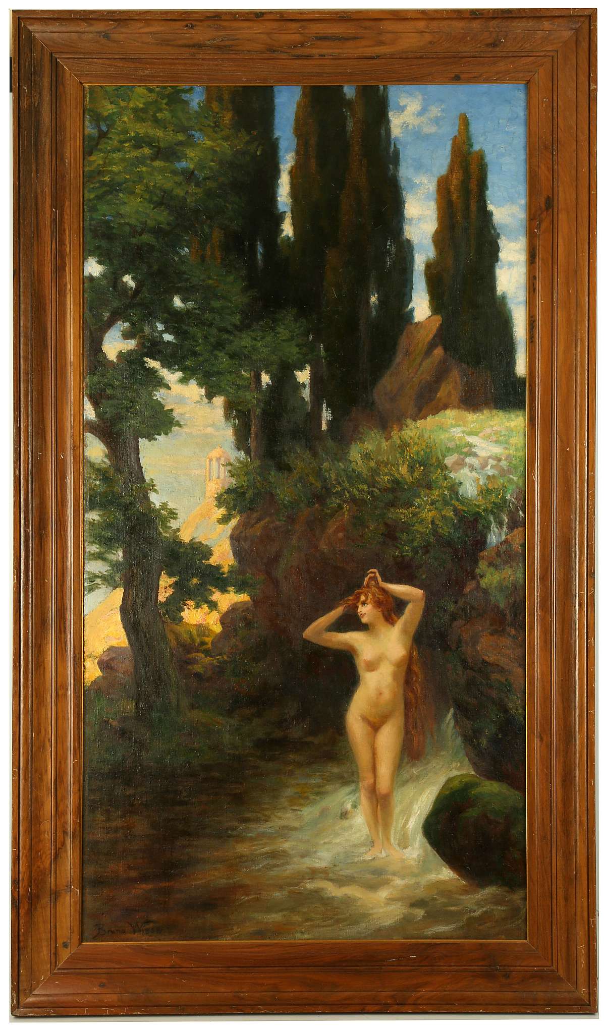 BRUNO WIESE 1865-1930 GERMAN. 'Nude in a Classical Landscape'. Oil on canvas. Signed lower left.