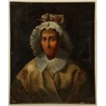 A RARE AND UNUSUAL EARLY 19TH CENTURY OIL ON CANVAS PORTRAIT, of a man in women's clothing. The