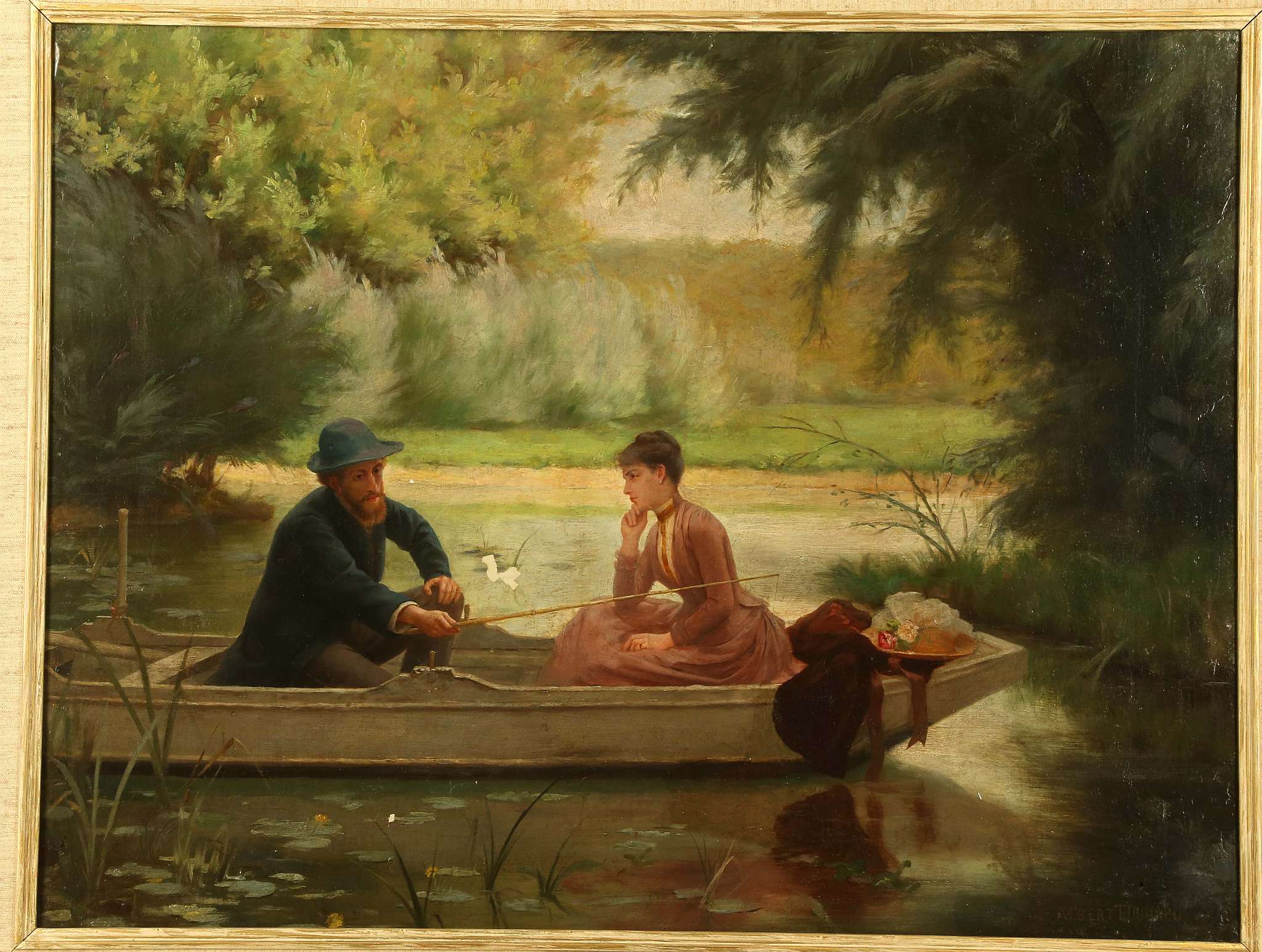 ALBERT JULES EDOUARD 1845-1919. 'A River Serjourn'. Oil on canvas. In a shaded backwater a pensive - Image 2 of 11