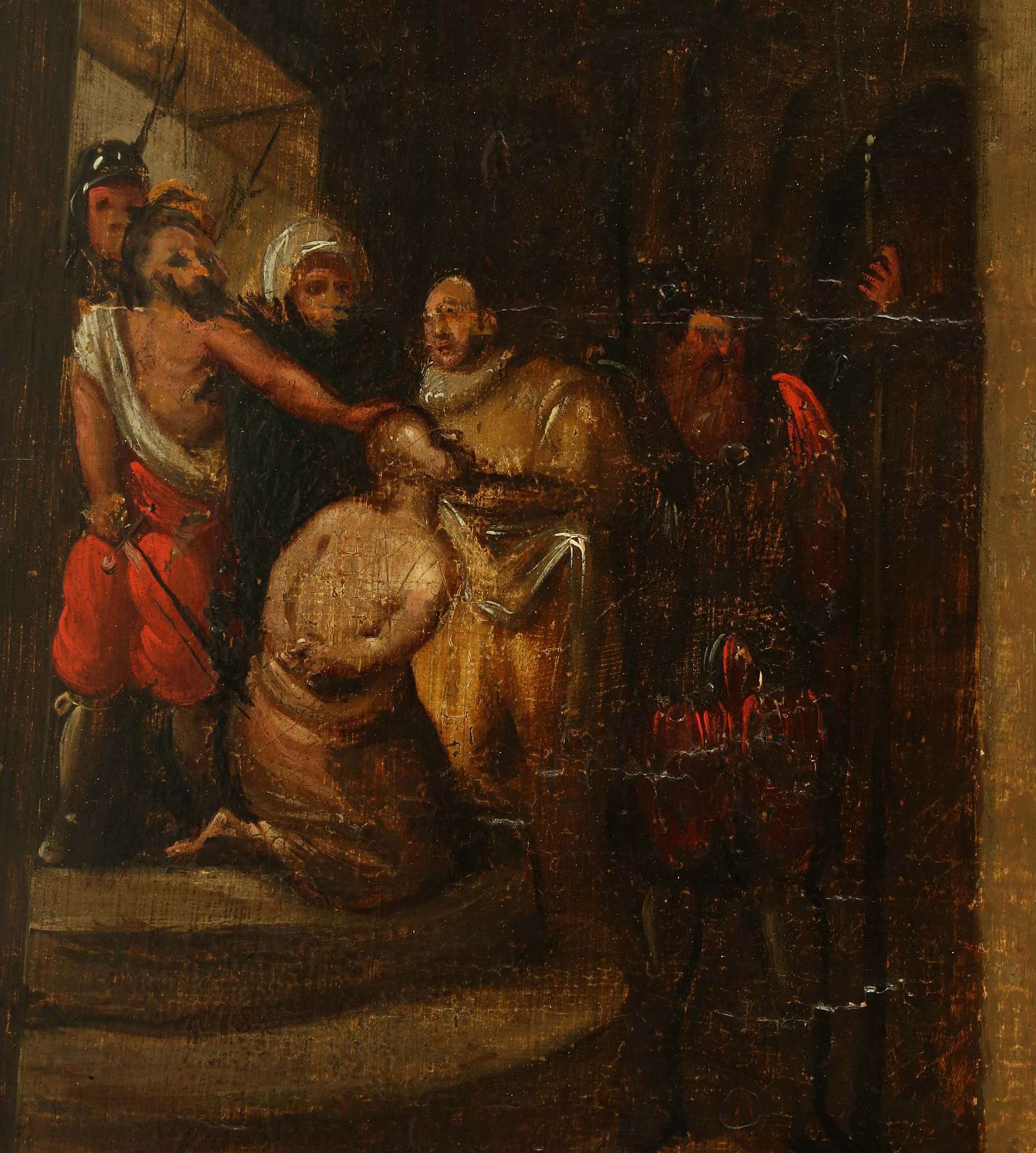 FLEMISH SCHOOL CIRCA 17TH CENTURY. 'The Decollation of the Baptist'. Oil on panel depiction of Herod - Image 9 of 10