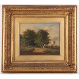 19th Century British school, oil on canvas picture of a tree lined path with people, sea in