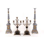 A pair of 3 branch gilt garniture candlesticks, supported on marble bases, gilt paw feet, sold
